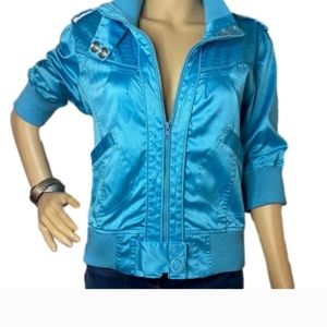 H & M Blue Zip Up Cropped Jacket With Ribbed Collar, Cuffs And Sleeve's